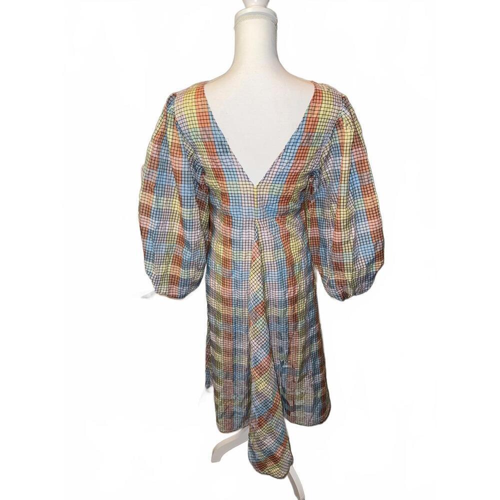 New Ganni Checkered Seersucker Puff-Sleeve Dress - Picture 3 of 5